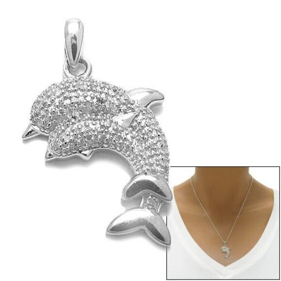 LUXURIOUS STERLING SILVER MOTHER AND BABY DOLPHIN PENDANT WITH 0.15 CT DIAMOND - Picture 1 of 3